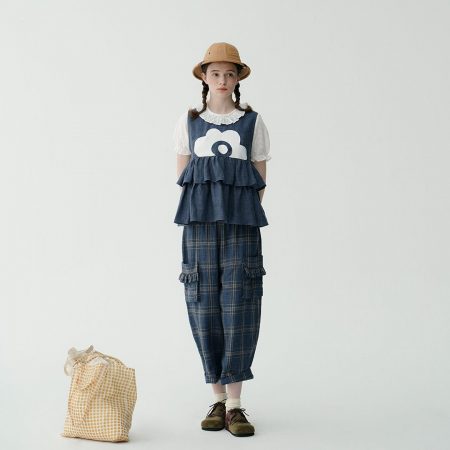 linen plaid wide-leg pants Japanese simple