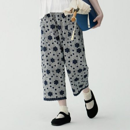 cotton striped embroidery loose straight pant