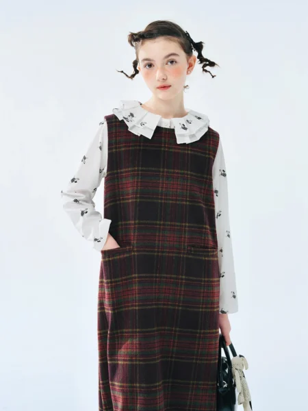 Totokaelo Gray Plaid Woolen Dress Elegant Winter Style